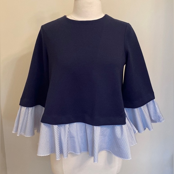 Halogen Tops - Halogen Navy Blue Striped Peplum Waist Crew Neck Oversized Nautical Top Size XS